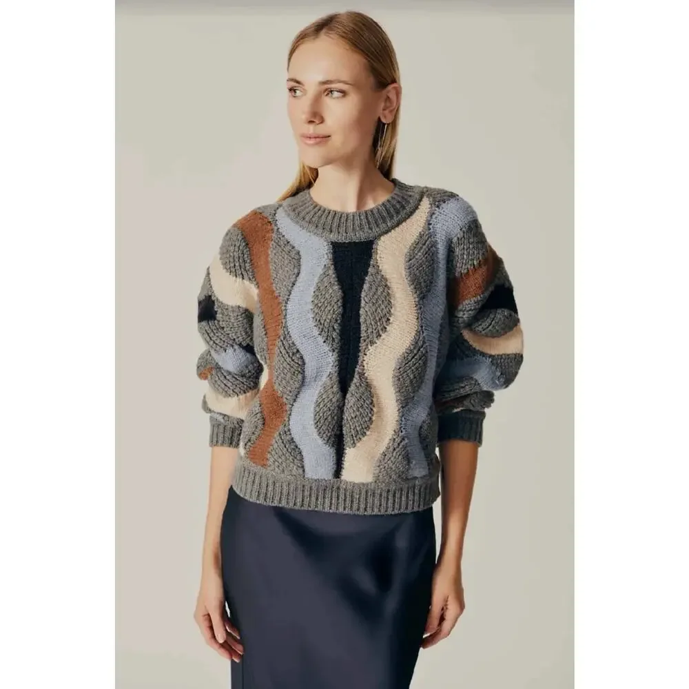 DELUC Women Wavy Abstract Colorblock Chunky Knit Crewneck Sweater‎ Grey Blue XS
